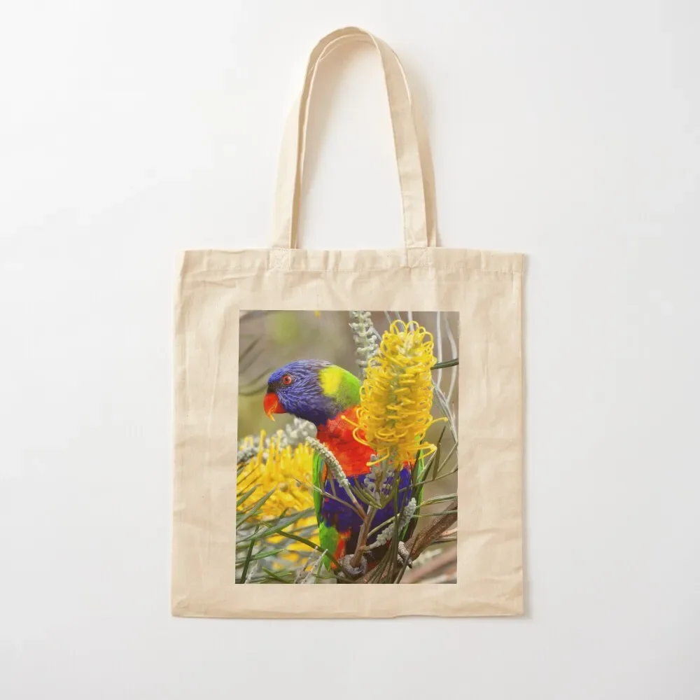 

Colourful rainbow lorikeet and grevillea flower display Tote Bag Lady bag tote bag