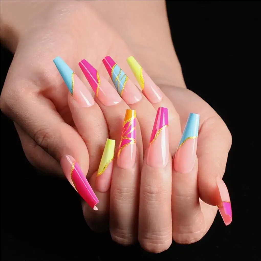 24Pcs/Box Fashion Long Ballerina False Nails French Long Coffin Fake Nail Artificial Full Cover Nail Art Tips