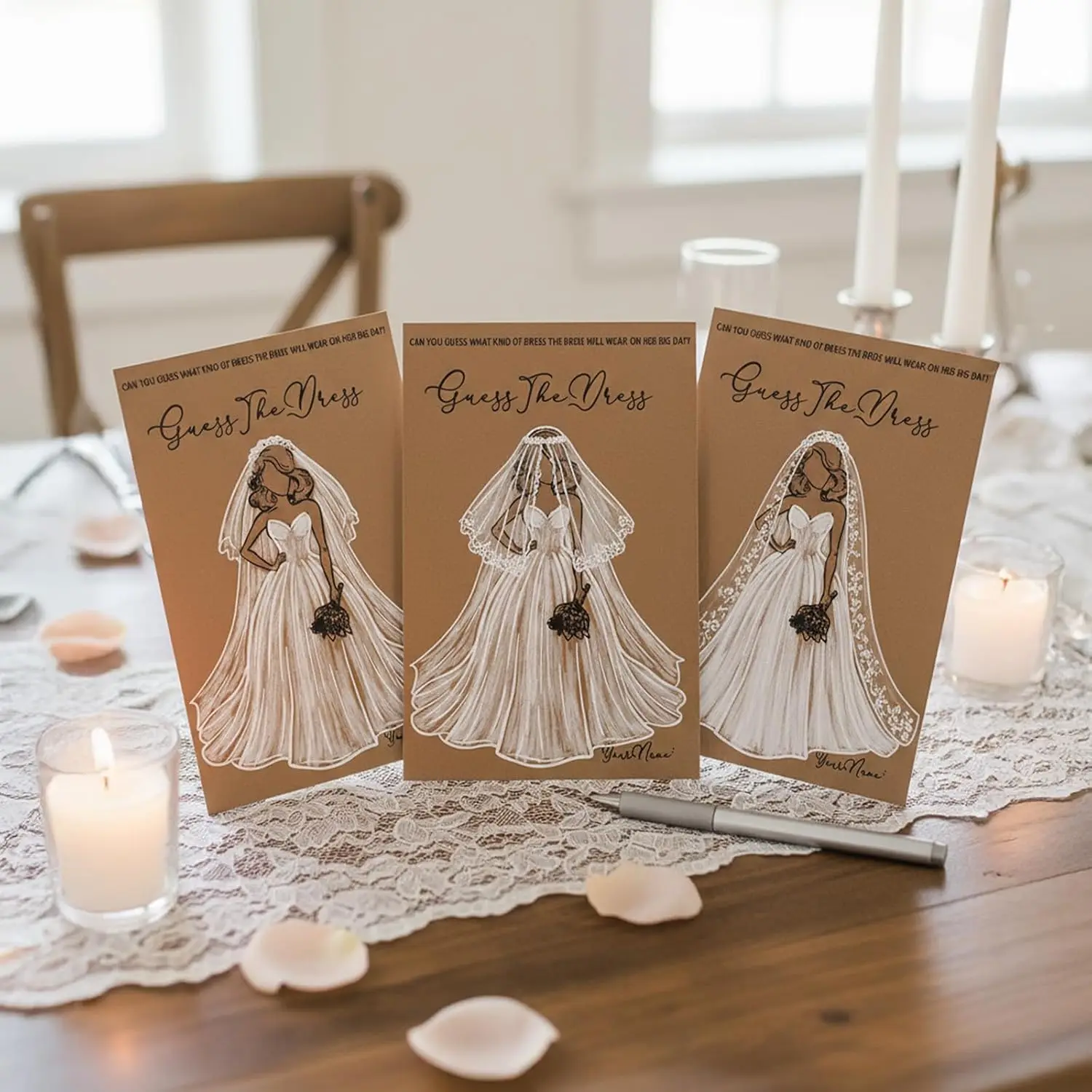 20 Stück Hochzeitskleid-Guess-the-Dress-Spielkarten mit Stiften – Brautparty-Malspiele für Junggesellinnenabschiede und Hochzeitsdekorationen – Detail 8