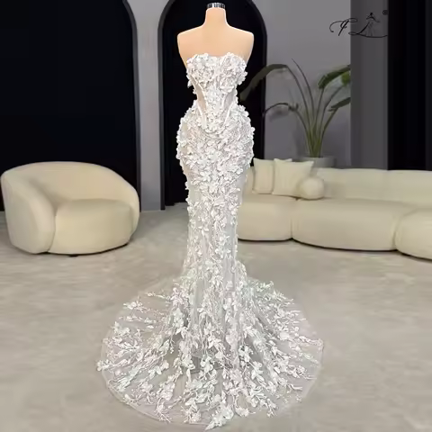 3D Applique Lace Long Dress Mermaid Wedding Dress Lace Floral Dress Elegant White Evening Gown Engagement Dress Customizable