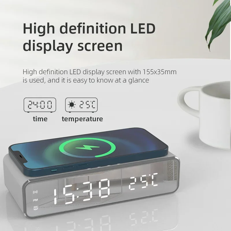 LED Digital Thermometer Earphone Phone Chargers Wireless Charger Time Alarm Clock Fast Charging Dock Station for iPhone Samsung