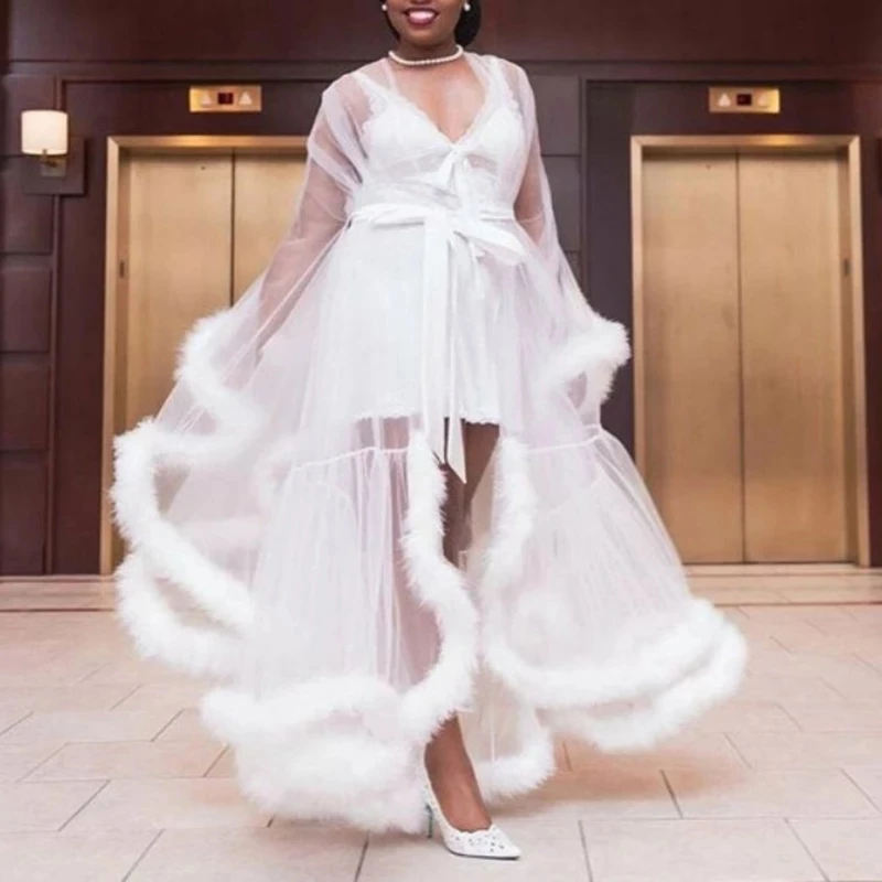 

Customized Women Fur Robe Lingerie Flare Sleeves Tulle Bathrobe Short Ostrich Feather Wedding Prom Dress Gown Bridal Sleepwear
