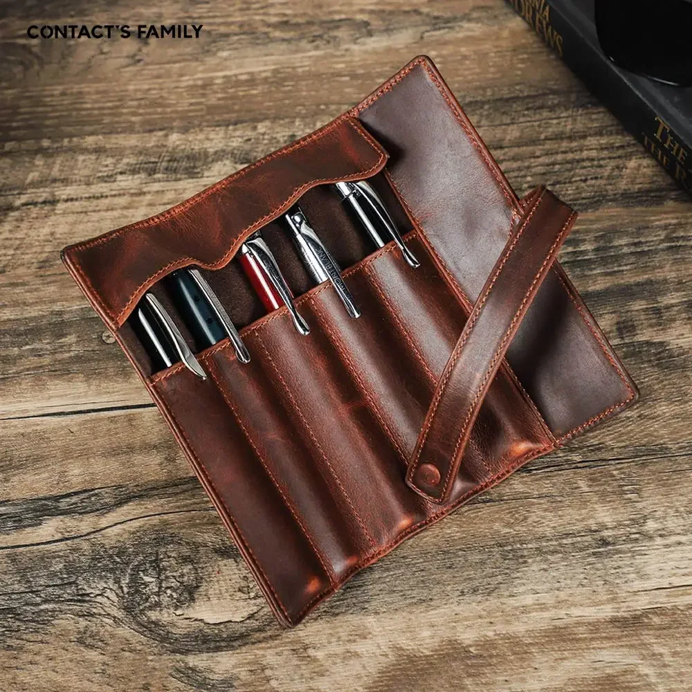 

Retro Genuine Leather Handmade 5 Slots Pen Roll Pencil Case Holder Office School Pouch Supplies Stationery