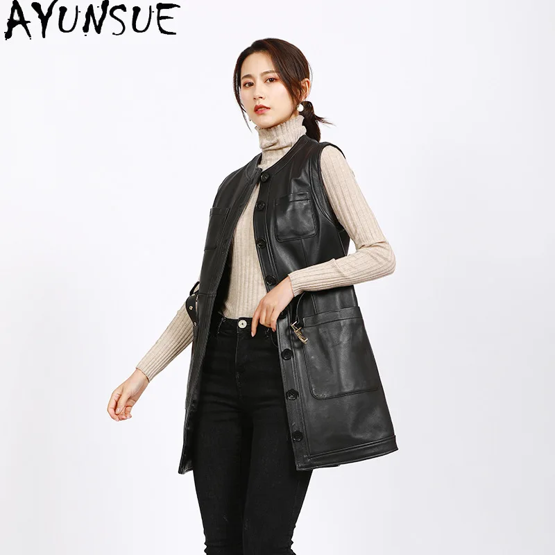 AYUNSUE リアルレザーノースリーブジャケット女性本物のシープスキンベスト女性の服秋の新 Ouerwears Jaqueta Couro