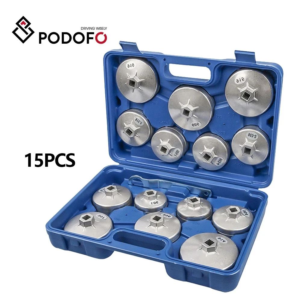 Podofo 15pcs Oil Filter Wrench Set Aluminum Alloy Cup Type Kit Drive Cap Removal Tool Set