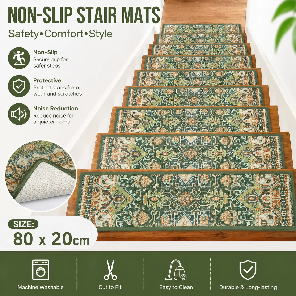 Bohemian Persian Stair Treads Non Slip Carpet Rug Absorbent Stair Step Mat Easy Clean Decorative Indoor Stair Carpet