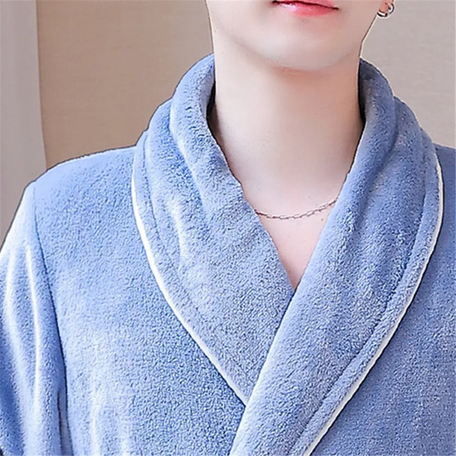 Men\'s Winter Thicken Flannel Robes V Neck Warm Bathrobe with Belt Men Fluffy Shower Robe Dressing Gown Male Sleepwear Housewear