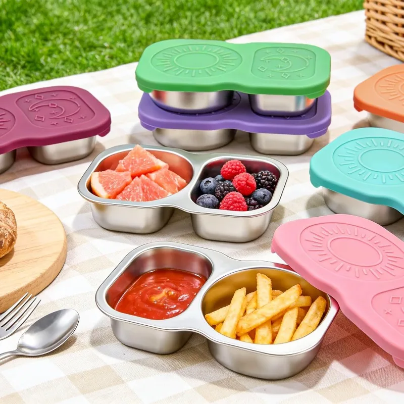 4pcs 2 Compartment 304 Stainless Steel Snack Containers Leakproof Silicone Lids 5.3oz Reusable Salad Dressing Sauce Food Storage