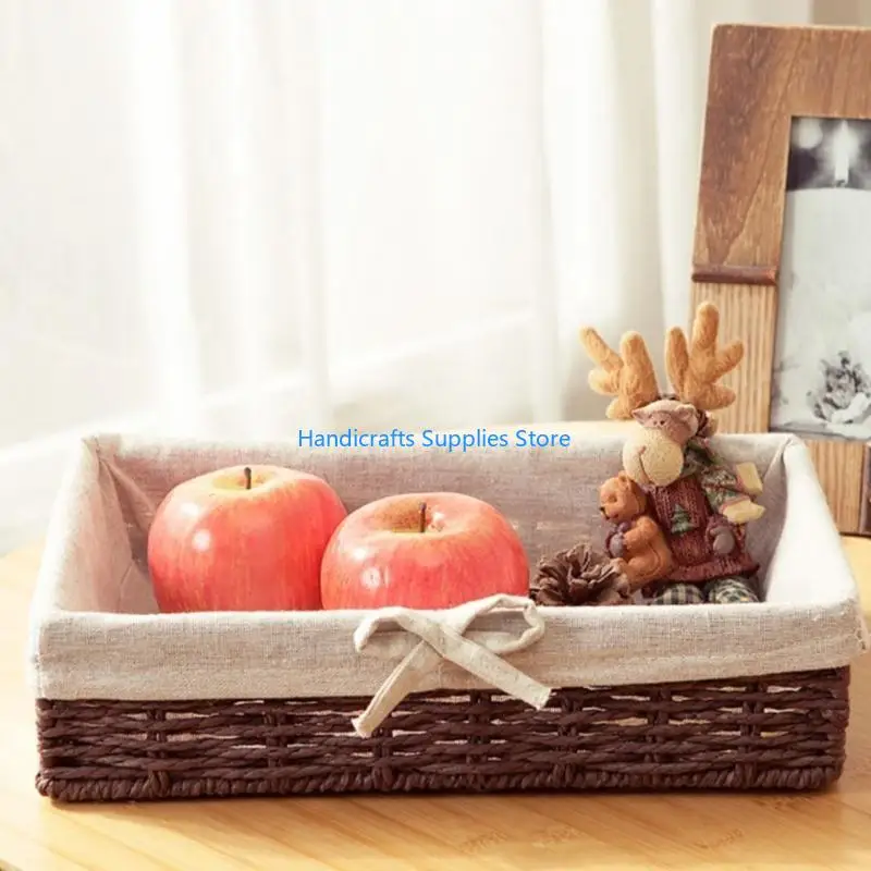 R1WA Rustic Wicker Fruit Bread Storage Basket Vintage Faux Rattan Woven Rectangular Bins Sweet Bowknot Desktop