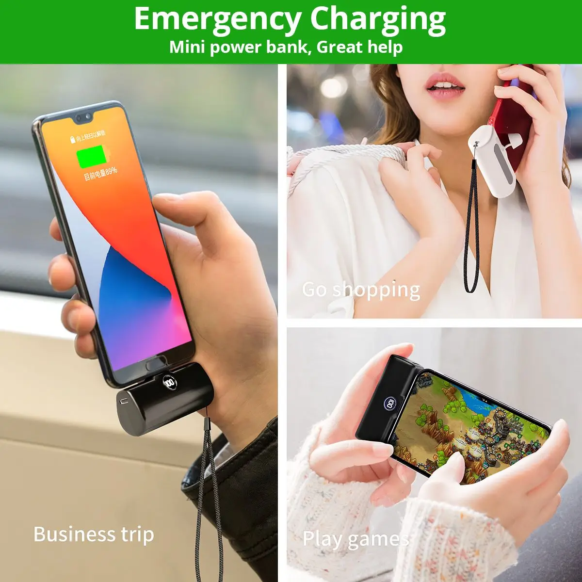 เครื่องชาร์จแบบพกพา Fast Charge Type C ภายนอกสําหรับ iPhone Samsung Xiaomi สายเคเบิลในตัว Quick Charge Pocket Power Bank