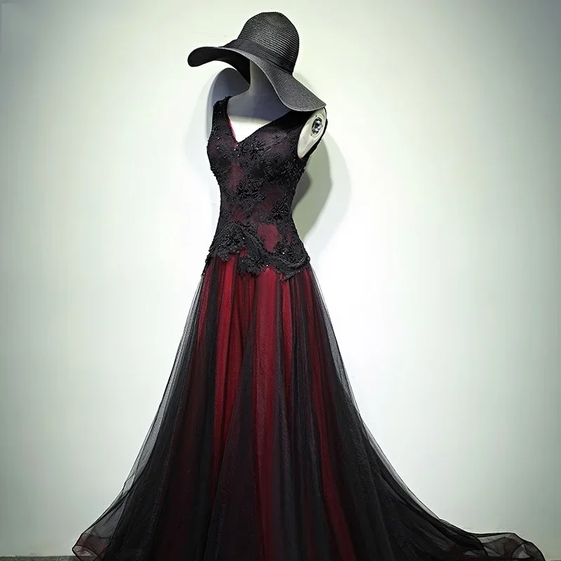 

Angelsbridep Gothic Victoria Burgundy And Black Evening Dresses Party Prom Appliques Beading V-Neck Formal Tulle Robe De Soiree