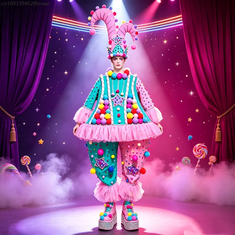 Adult Colorful Pom Pom Clown Cosplay Pink Outfit with Horn Hat Carnival Stage Performance Funny Circus Party Star Rhinestone Set