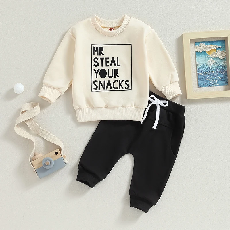 Toddler Baby Boy Girl Clothes Mr Miss Steal Your Snacks Funny Letter Print Top Elastic Waist Pockets Long Short Pant Set 2Pcs