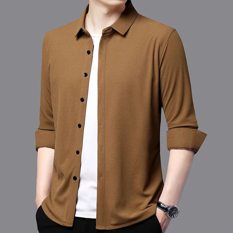 2023 New Spring and Autumn Fashion Trend Solid Color Waffle Slim Fit and Handsome Advanced French Business Men\'s Casual Shirt