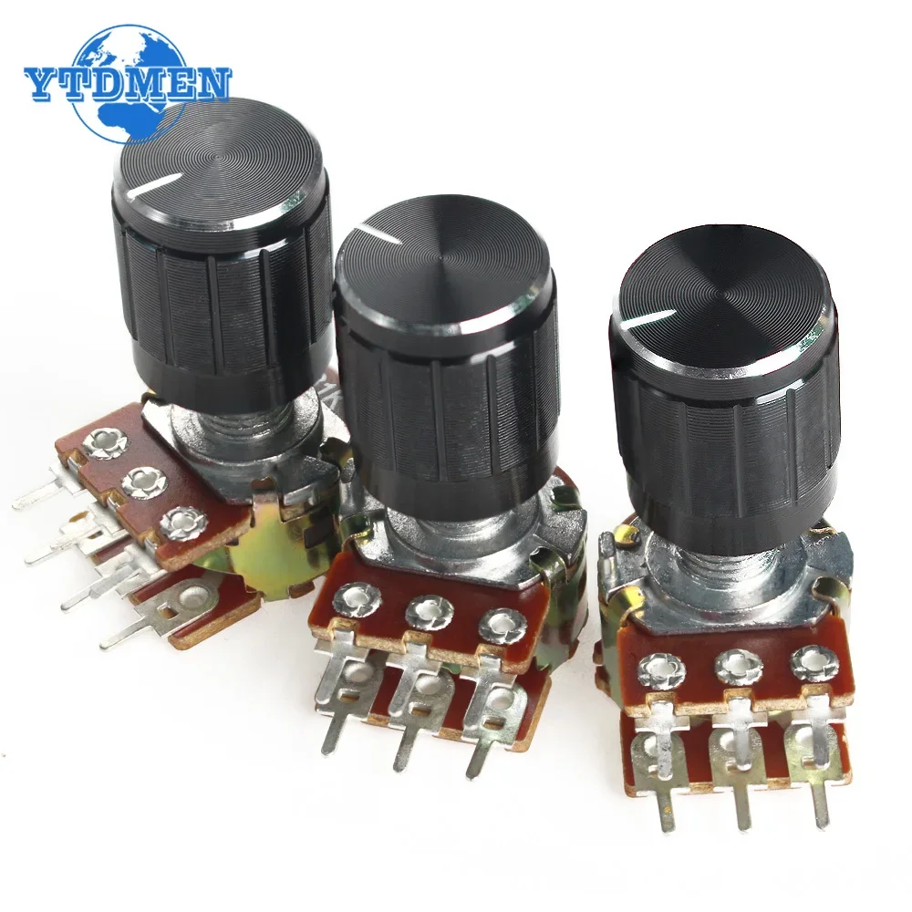 5PCS WH148 Linear Taper Rotary Potentiometer Resistor 15mm 6pin 1K 2K 5K 10K 20K 50K 100K 250K 1M with Black Aluminum Knob Kit