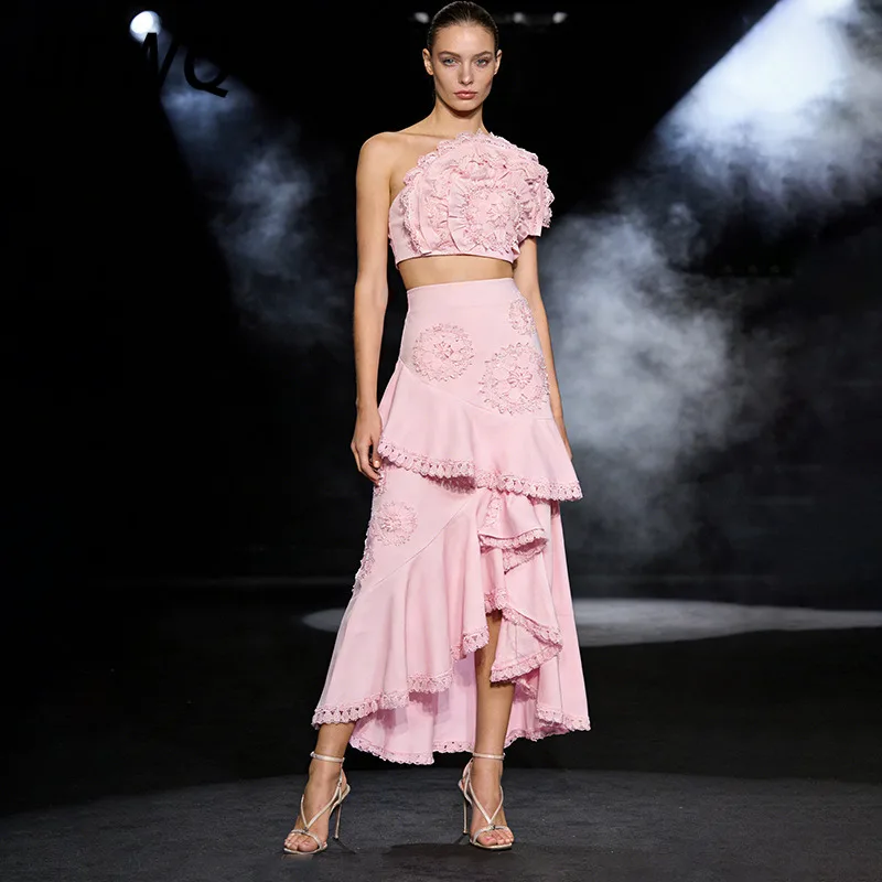 

BEWQ Fashion Women 2 Pcs Set Skew Neck Patchwork 3D Flower Short Tops Irregular Ruffles Skirt Suit Evening Party 2026 Spring New