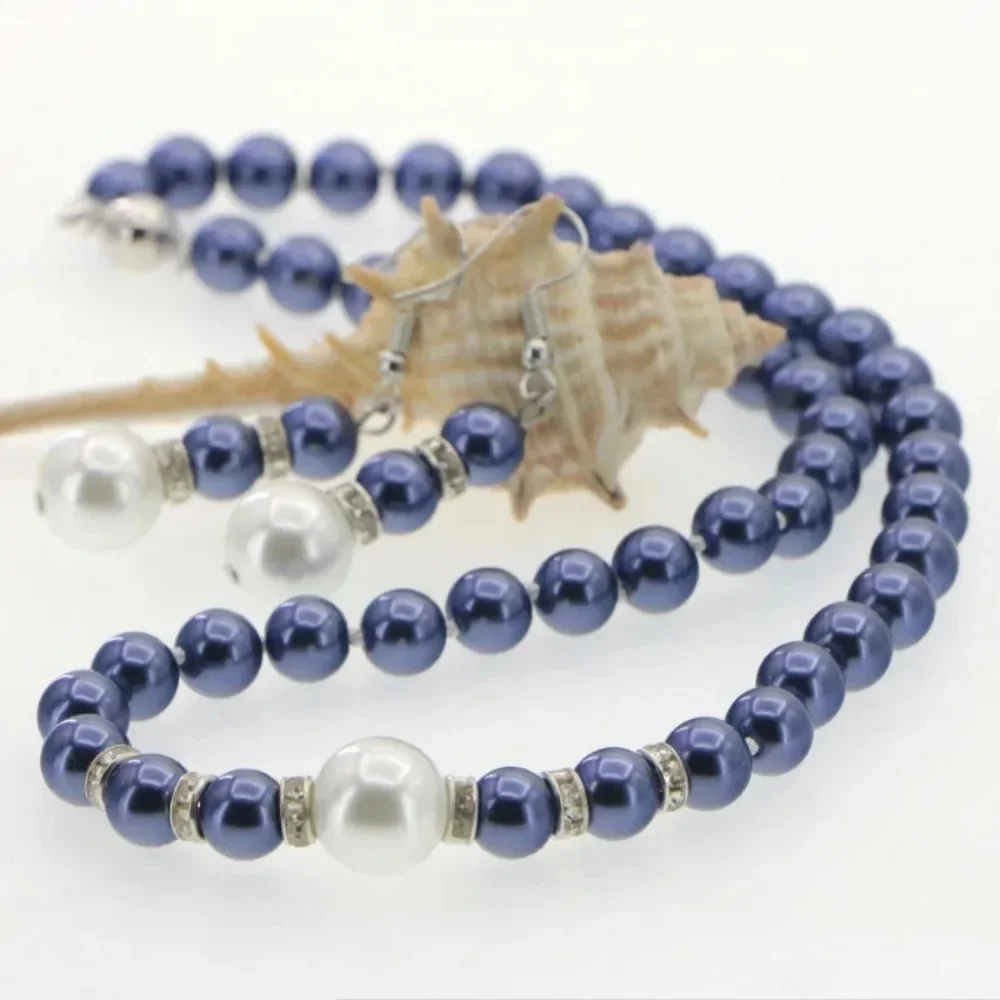 New Hot Fashion 8-12mm Blue Shell Pearl Necklace Earring Set Women and Girl Gift Jewelry Making Design Wholesale Price 18\