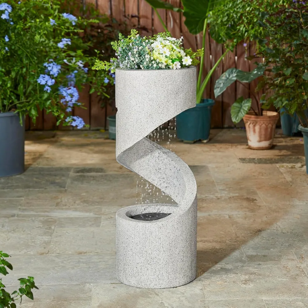 Store Best-Sellers Spiral Tiered Outdoor Water Fountain with LED Light and Stone Planter Modern Curved Waterfalls for Garden Pat