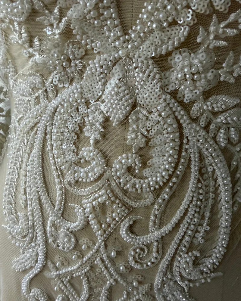 Gorgeous Heavy Beads High Quality Beaded Sequins Pearls white lace fabric embroidered for wedding dresses Sell By  Yard