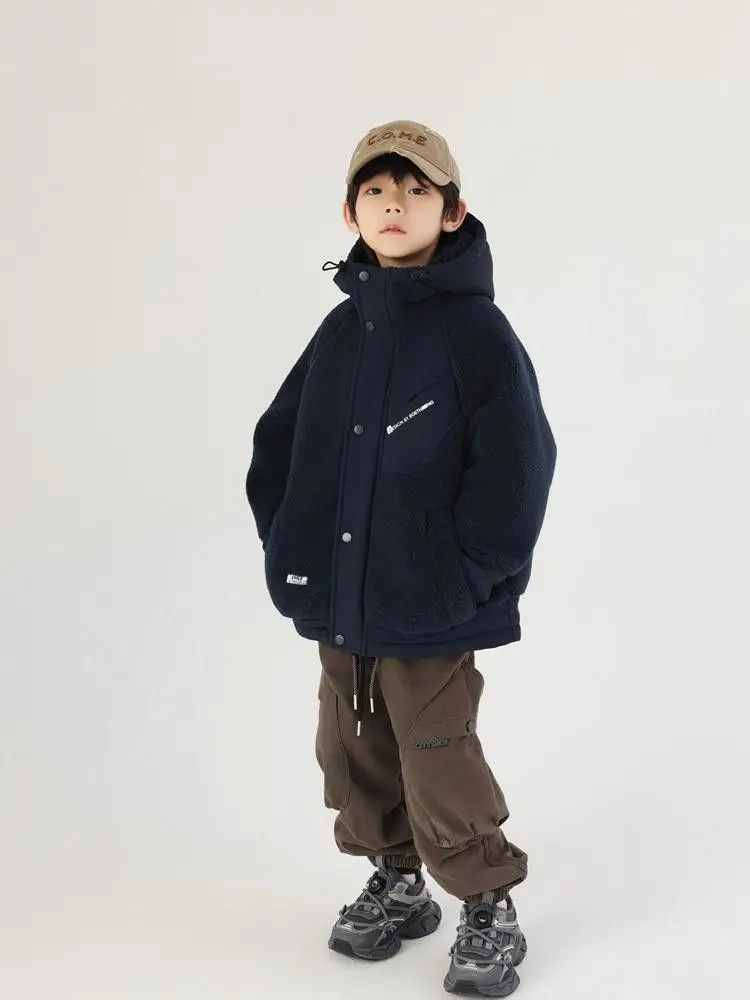 Boys Winter Thick Hooded Jacket Cotton Cardigan Trend Children\'s Clothing 2024 New Children\'s Plush Cotton Jacket Kids Jacket