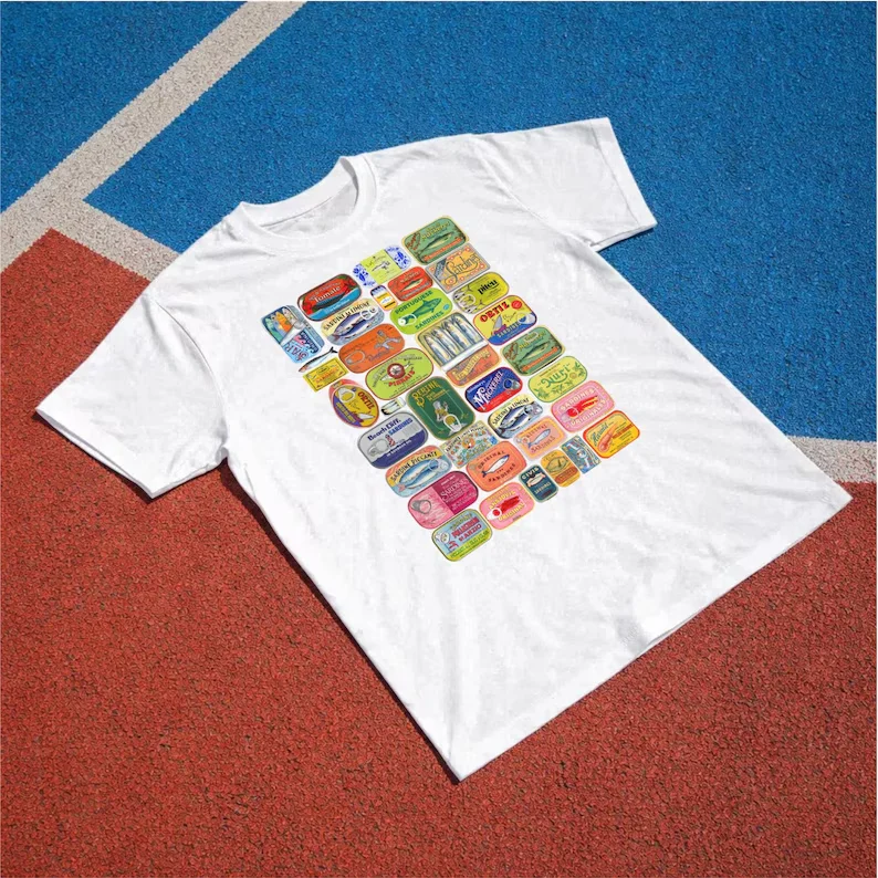 Camiseta Vintage con Diseño de Latas de Sardinas, Camiseta Retro con Gráfico de Pescado Enlatado, Camiseta con Diseño de Pescado y Limón, Regalo de Comida Mediterránea, Camisetas Náuticas Vintage
