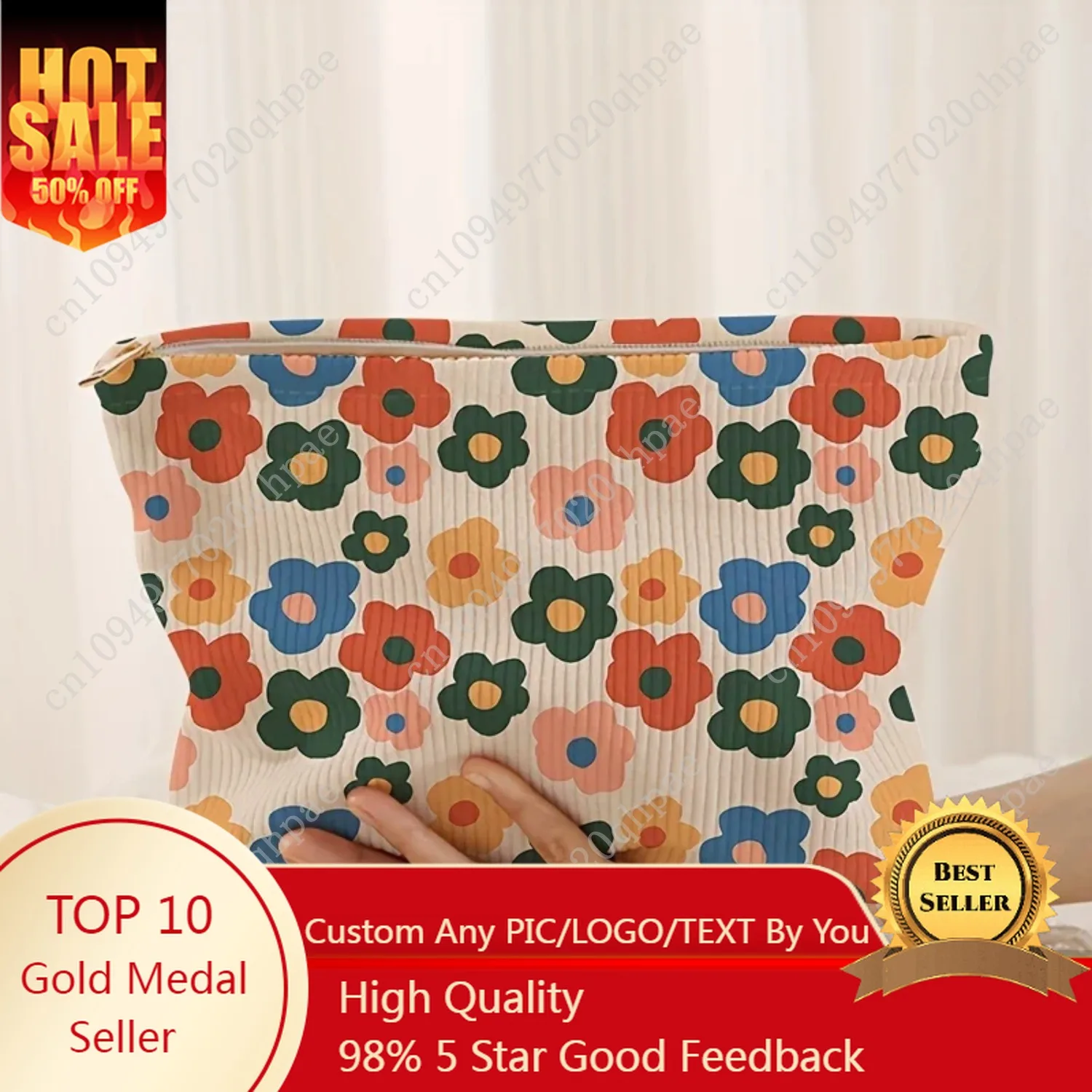 

Minimally designed floral printed corduroy zipper makeup bag, lightweight and multifunctional cosmetic storage bag