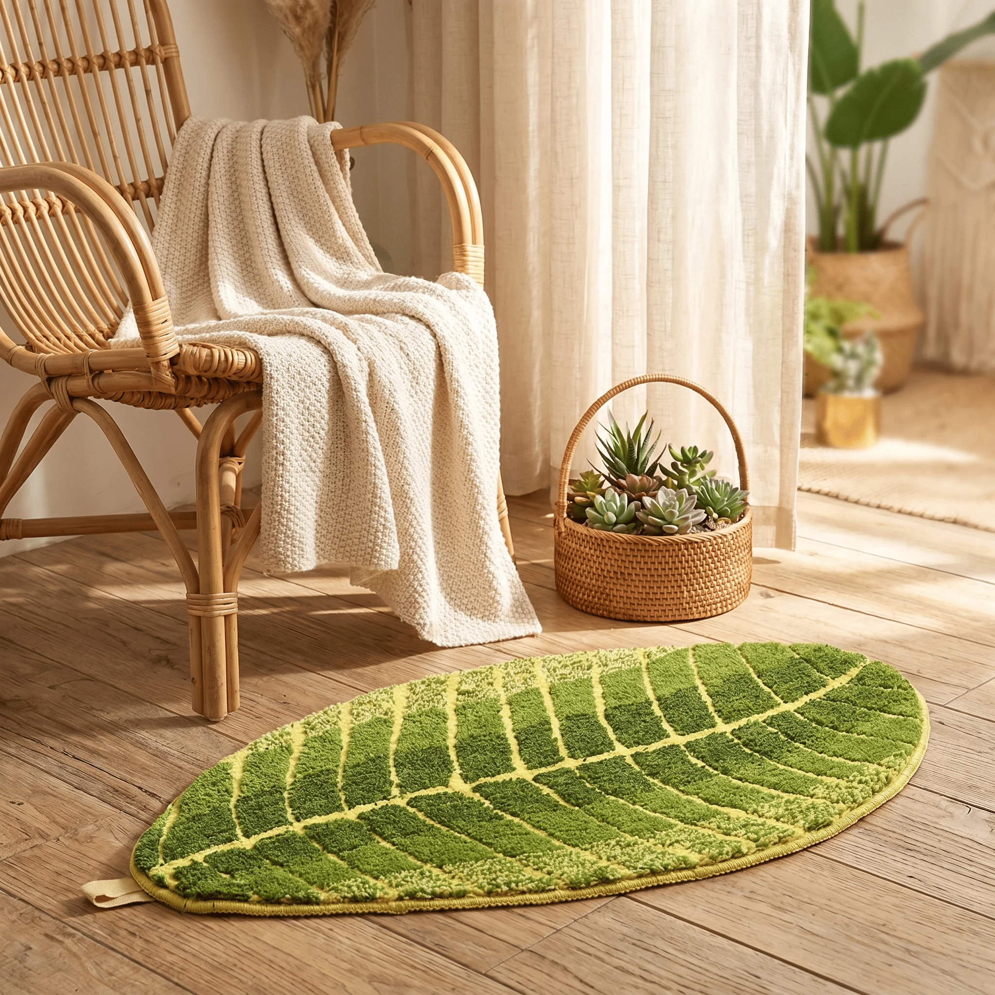Leaf Shape Floor Rug Green Soft Absorbent Non Slip Washable Door Mat Flocked Carpet for Bathroom Bedroom Living Room Home
