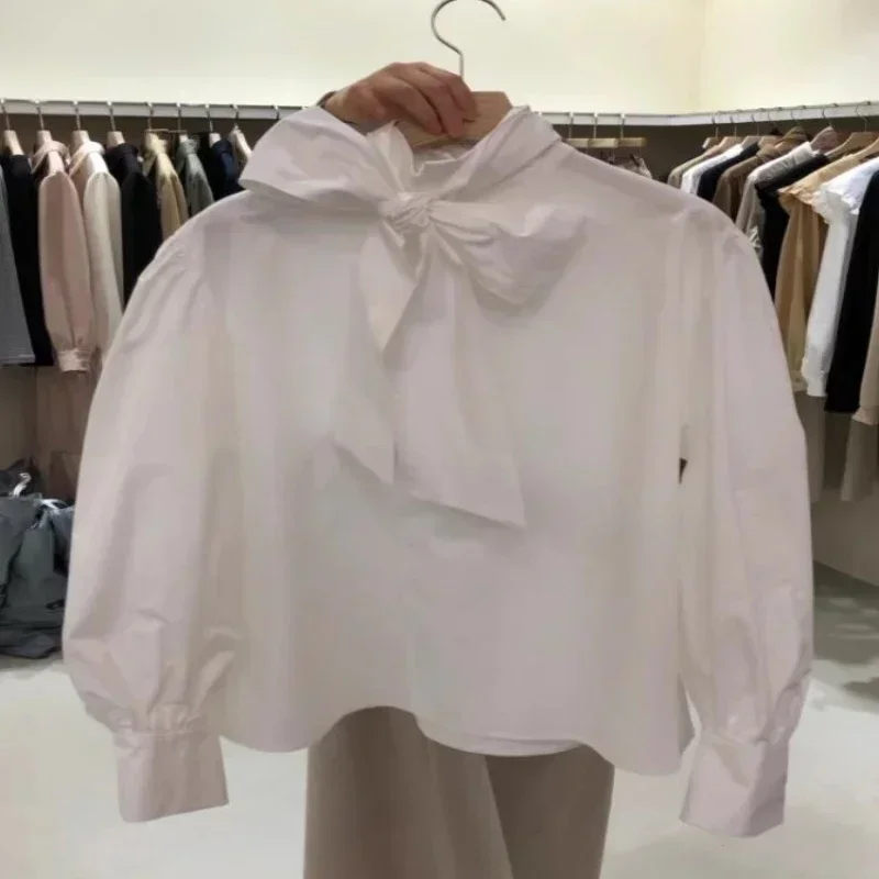 

Vintage Lantern Sleeve Bow Tie Collar Shirt Women Fashion Elegant Women Blouse Pleated Casual Loose Shirts Clothes Blusas 30079