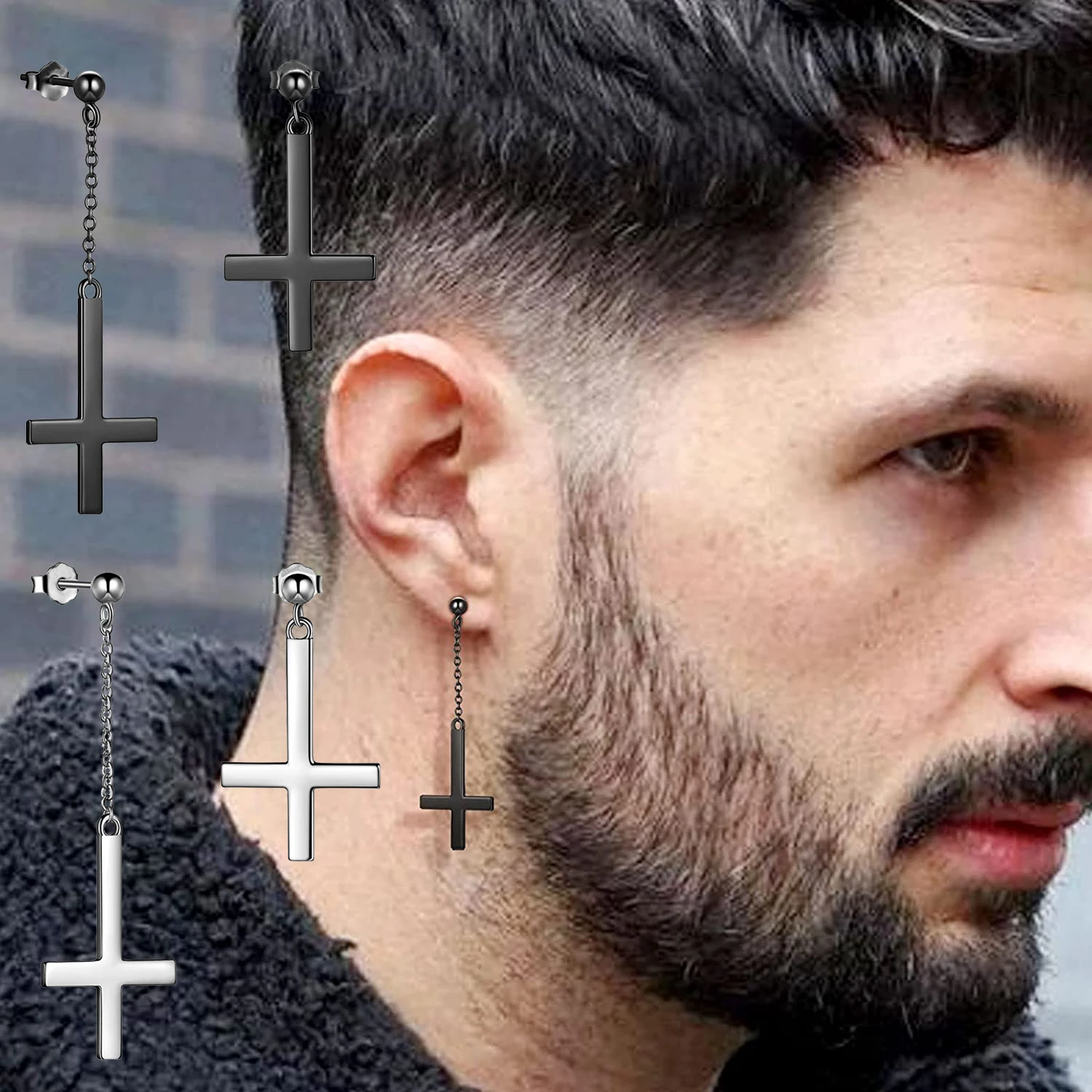 WKOUD Mens Cross Stud Earrings Religious Christian Cross Dangle Earrings Boys Hip Hop Stainless Steel Asymmetry Cross Jewelry