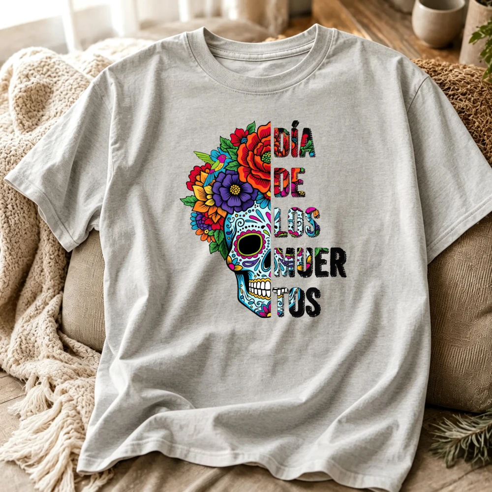 Dia De Los Muertos Floral Sugar Skull Graphic T‑Shirt Mexican Day of The Dead Colorful Flower Art Skull Letter Print Casual Tees