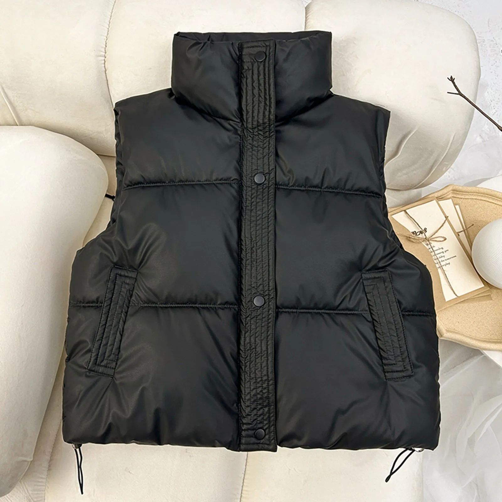 Women Casual Solid Warm Sleeveless Vest Coat Stand Neck Thicken Jacket Button Up Loose Women Down Jacket Autumn Winter