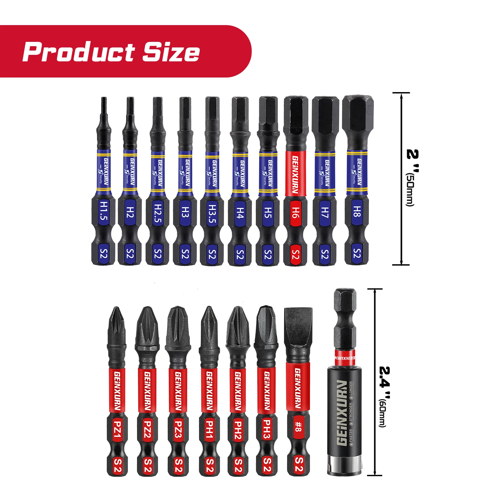 Geinxurn Mixed Impact Screwdriver Bits Set,2”Muliti Head Magnetic S2 Steel Driver Bits PH/Hex/PZ with Soft Hanging Strips