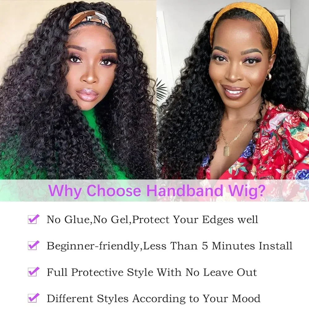 24 Inch Water Wave Headband Wig Human Hair For Women Brazilian Curly Wigs Human Hair Full Machine Wig Lazy Girls Friendly Remy