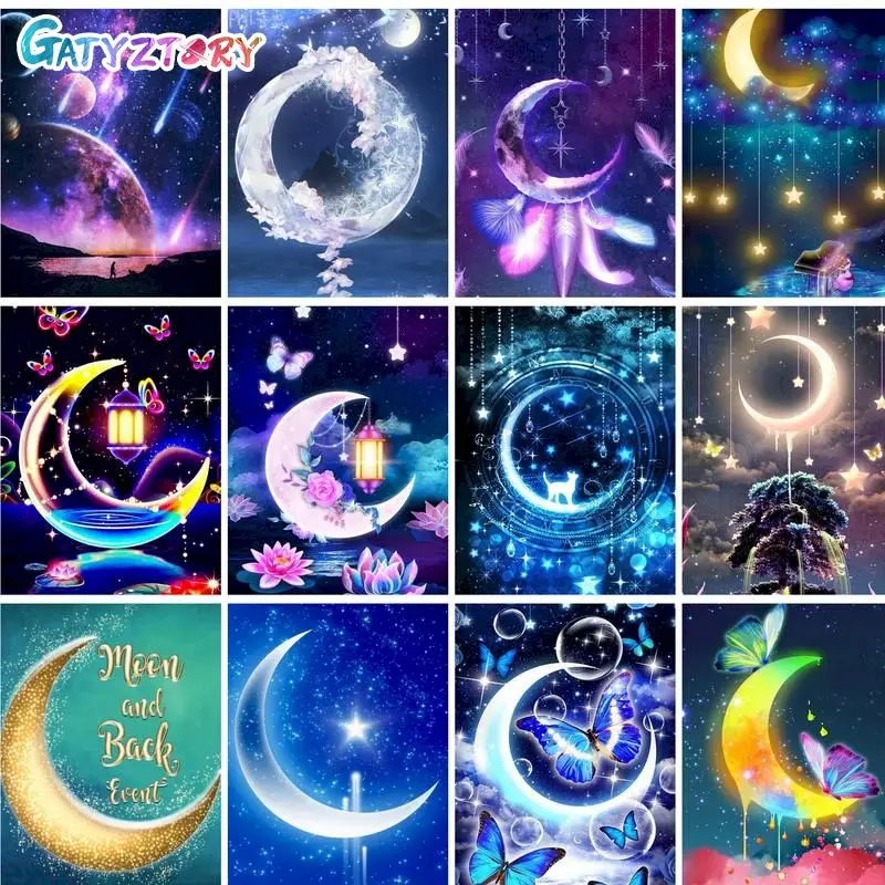 

GATYZTORY Oil Painting By Numbers For Adults Dreamy Moon Sky Scenery Handmade Frame Coloring By Number On Canvas For Kids