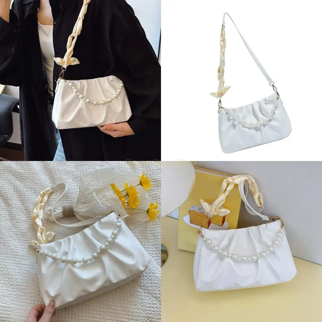 

X90D Elegant Pleated Underarm Bag With Faux Pearls Decors Cloud Like Shoulder Strap Lightweight PU Shoulder Purse for Women