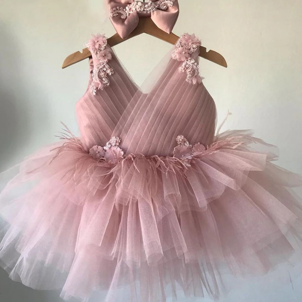 Applique Pink Flower Girl Vestidos com Arco, Tulle Puffy Vestidos de Princesa Sem Mangas, Vestidos de Primeira Comunhão, Birthday Party Ball Gowns