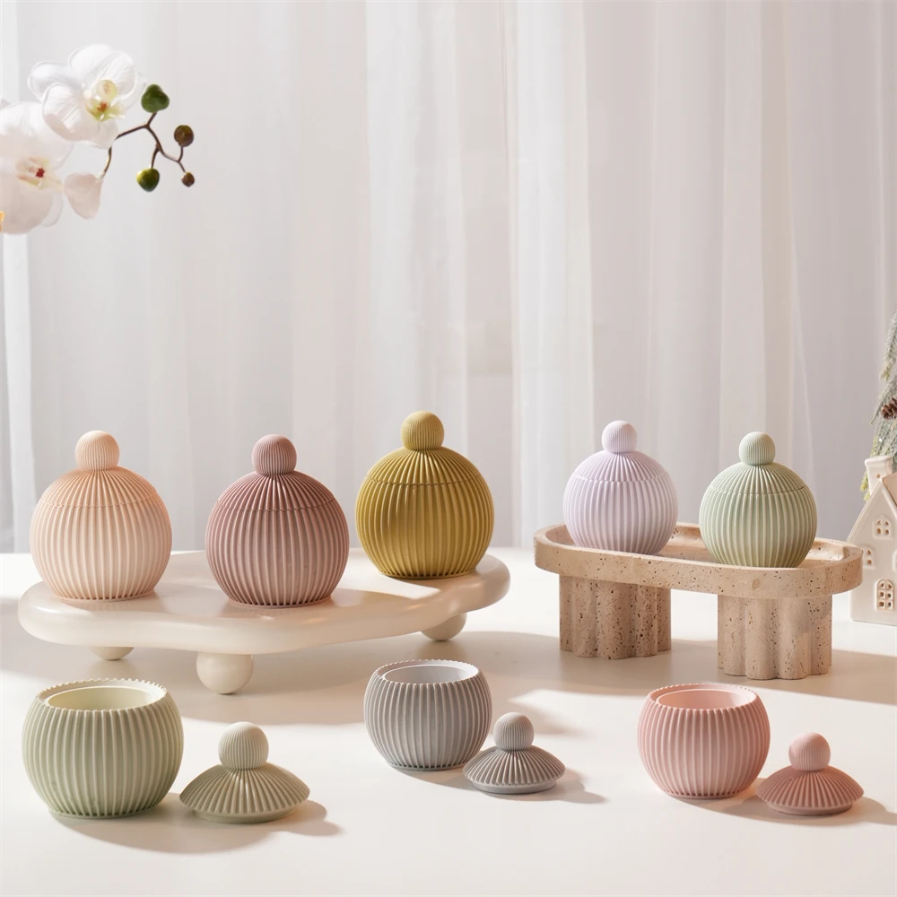 

Ribbed Ball Candle Silicone Mold with Lid Wax Melt Burner Plaster Concrete Silicone Mould Home Ornament