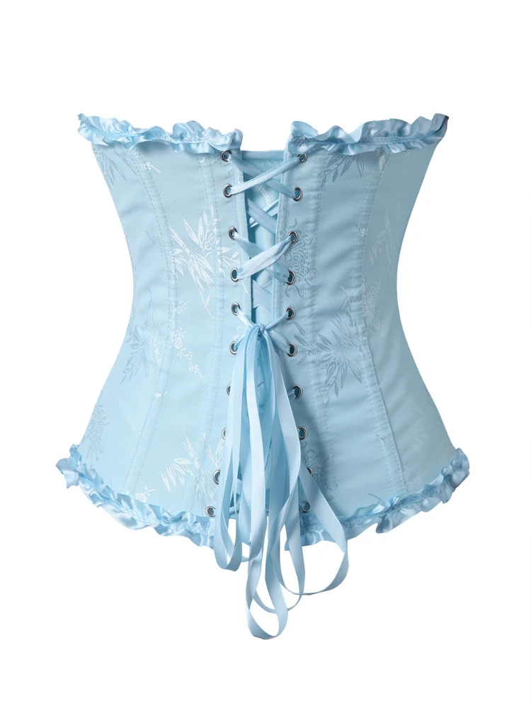 Damen Vintage Jacquard Korsett-Top, trägerlos, mit Rüschen vorne, Busk-Rücken, Schnürung, 20 Farben, für Feiertage, Partys und Abendgarderobe – Detail 4