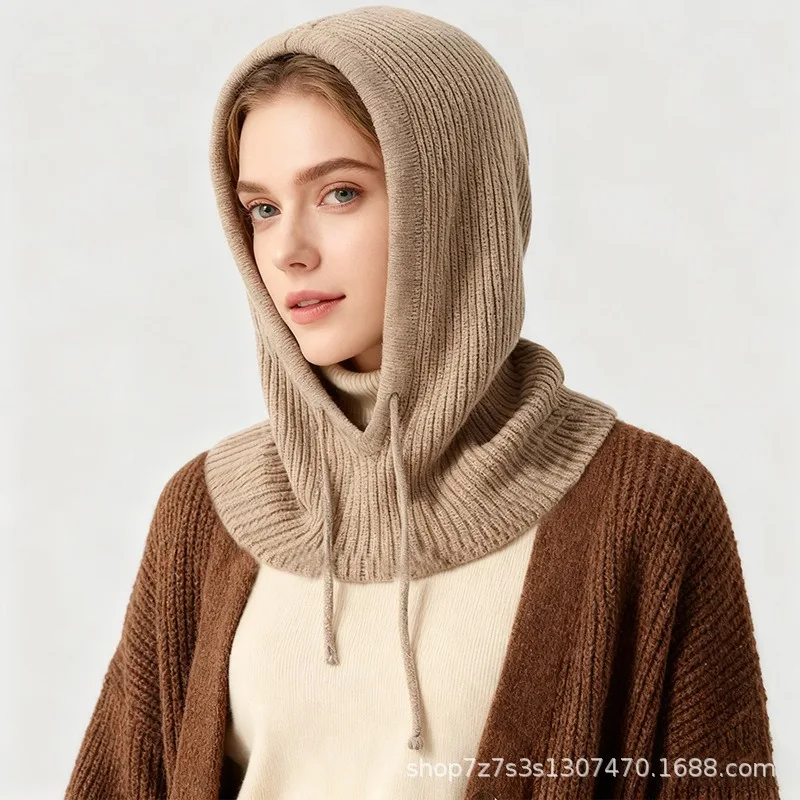 2026 Women's Winter New Knit Balaclava Neck Warmer 2-in-1 Vintage Drawstring Beanie Hat