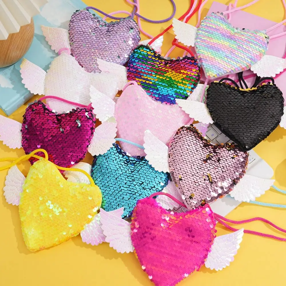 Sequin Sequin Heart Purse Wing Detail Drawstring Kids Shoulder Bag Heart Shape Adjustable Strap Angel Wing Pouch Party Gifts view 4