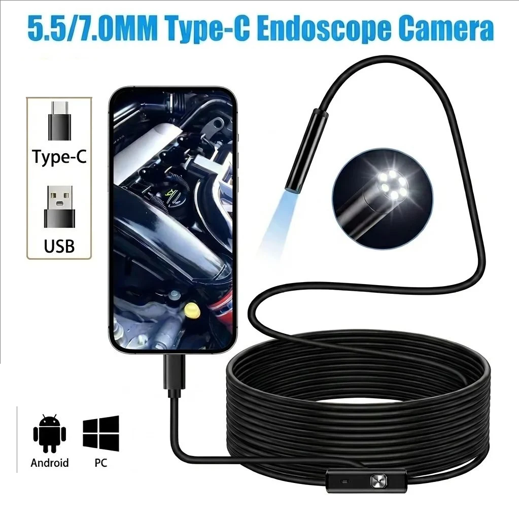 Cámara Endoscópica Tipo-C de 5.5/7.0MM, 6 LED Ajustables, USB OTG Android, Cámara de Inspección Flexible para Teléfono y PC