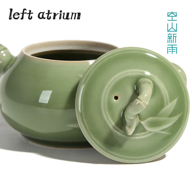 240ml Antique Longquan Celadon Teapot Handmade Bamboo Rhyme Pot Tea Brewing Kettle Kung Fu Tea Ceremony Accessories Decoration