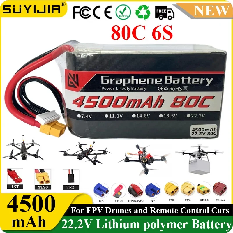 New Model Aircraft Battery 22.2V Lithium Battery XT60 XT30 4500mAh 80C 6S for Remote Control Cars Drones Ship Models Car Models