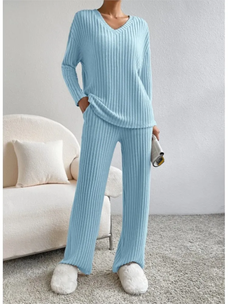 2024 Casual Sets For Women 2 Pieces Autumn New Loungewear Loose V-Neck Long Sleeve Top And Pit Strip Knitted Straight Pants Suit