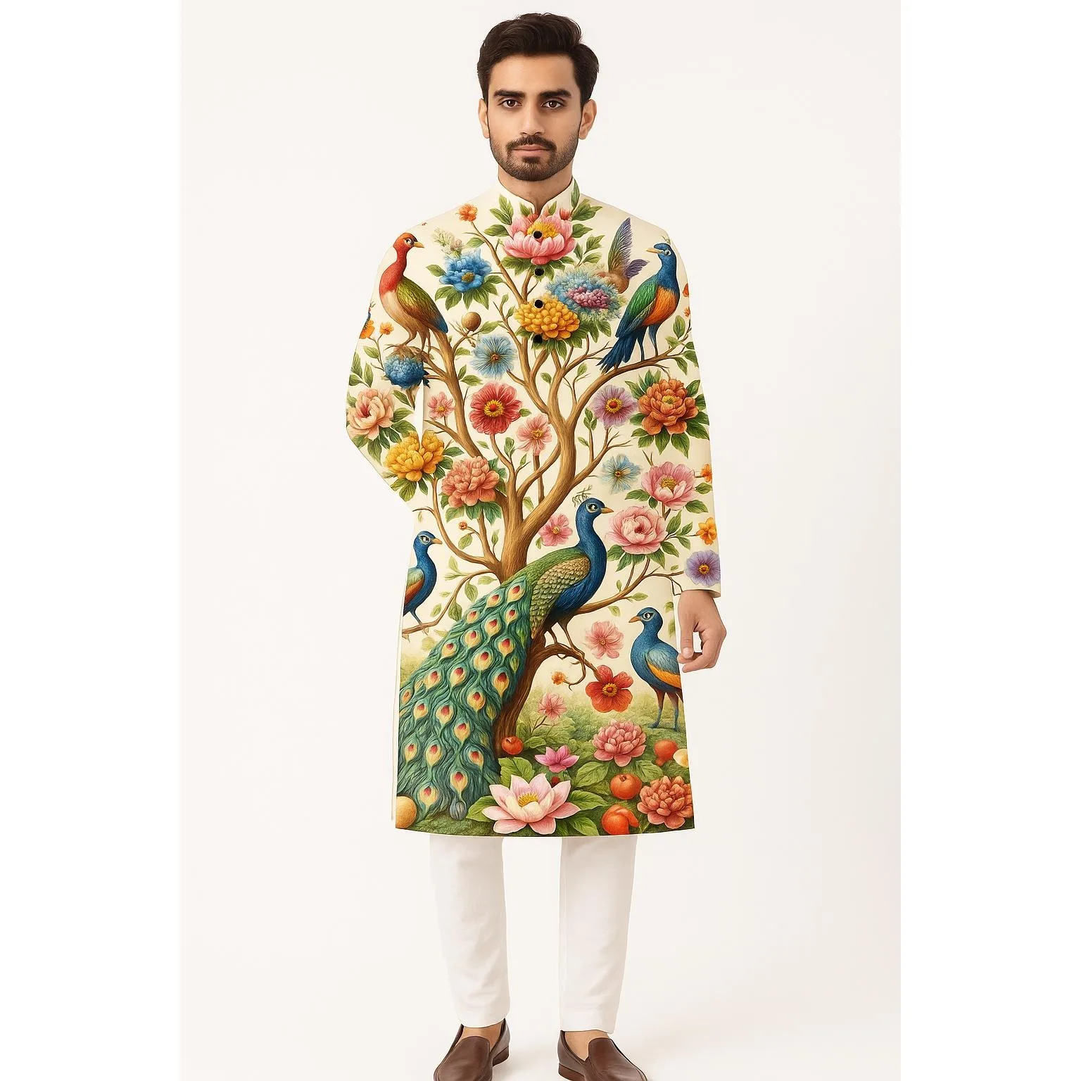 الوقوف طوق قميص مسلم الرجال الملابس الشعبية قفطان Musulman Kurta الملابس الإسلامية الوطنية ملابس منقوشة بكم طويل قمصان