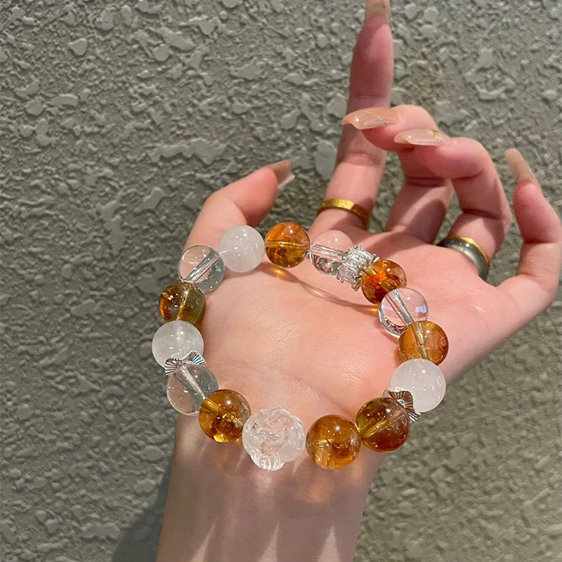 12.5mm Natural Yellow Tower Crystal White Ghost White Crystal Design Bracelet With Ice Transparency Niche Multi Treasure Crystal
