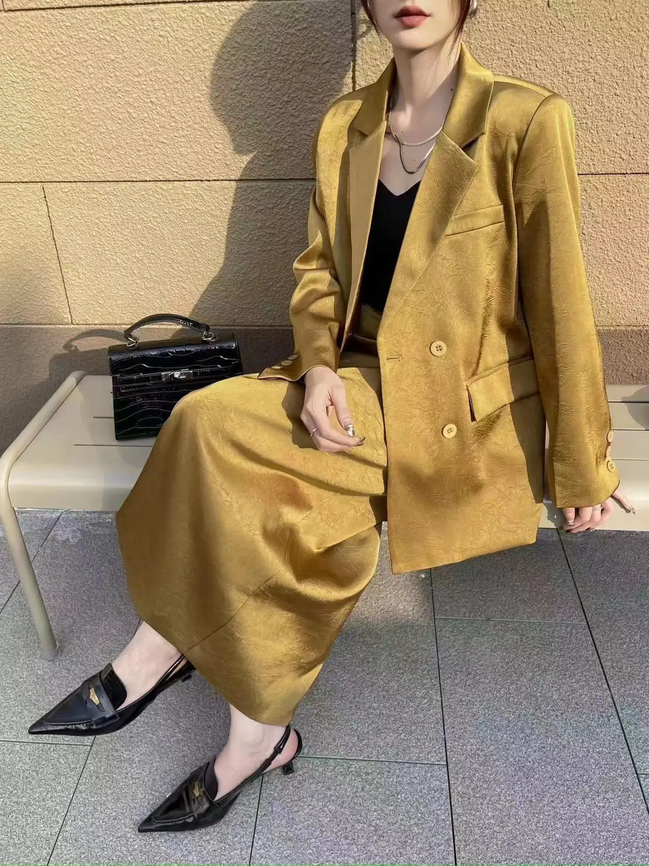 

Vintage Hong Kong Style Suit Set for Women, Elegant Mature Simple Double-breasted Suit Jacket Half Skirt Two-piece Set Hot Sale