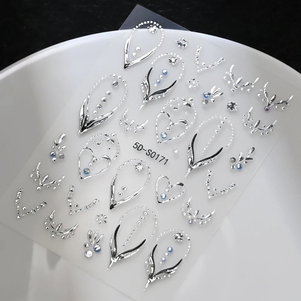 1pcs Luxury Silver Gems Heart Nail Stickers 5D Embossed Rhinestone V-Shaped French Line Nail Decals DIY Manicure Sliders Decor