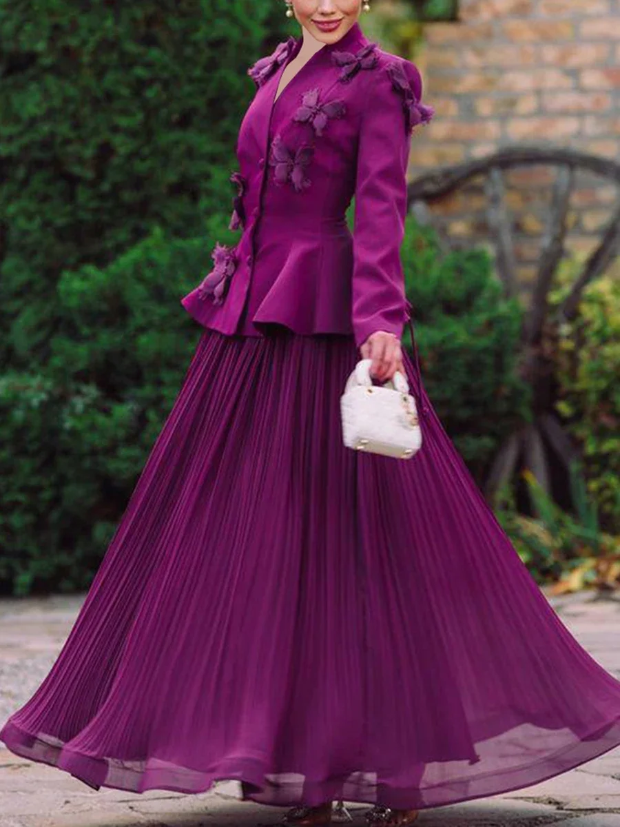 Elegant Skirts Suits For Women V Neck Long Sleeve Spliced Butterfly Coats High Waist Pleated Skirt Set Female 2025костюм женский