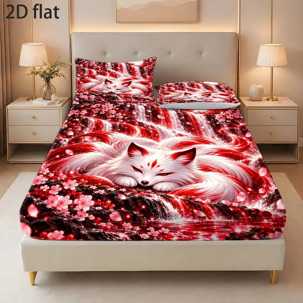Waterfall Cherry Blossom Fox Bedding Set Romantic Unique Printed Three-Piece Bedding Set (Includes 1 Fitted Sheet + 2 Pillowcases) 3-Piece Bedding Set (Contains 1 Fitted Sheet + 2 Pillowcases) Large Capacity Deep Pocket 2D Printed Fitted Sheet and 2 Pillowcases Bedding Mattress Protector Fitted Elastic Style Protective Cover Mattress Protector, Suitable for All Seasons, Machine Washable Design Holiday Decoration Various Sizes Breathable Protective Cover Plus Pillowcase